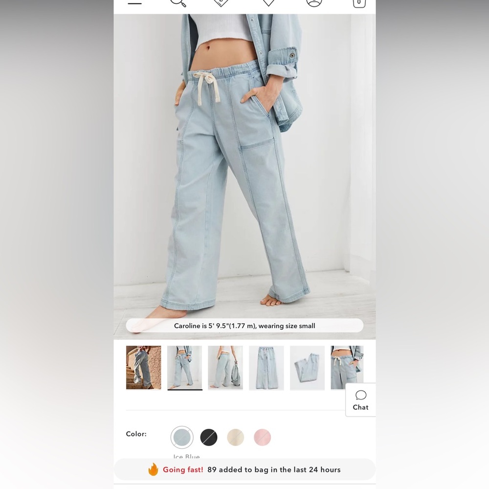 Aerie Me Day Tie Waist XS Pant Ice Blue Wide Leg New